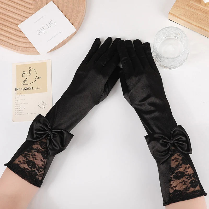 Bridal Satin Wedding Gloves with Medium Length Hollow Bow, Wedding Dress Etiquette and Photography Gloves
