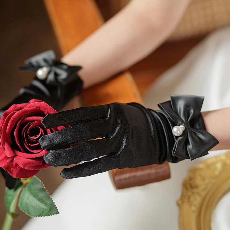 1 Pair Bride Gloves Elegant Bow Knot Pearl Pendant Short Gloves for Wedding Opera Dinner Party Elastic Satin Tea Party Gloves