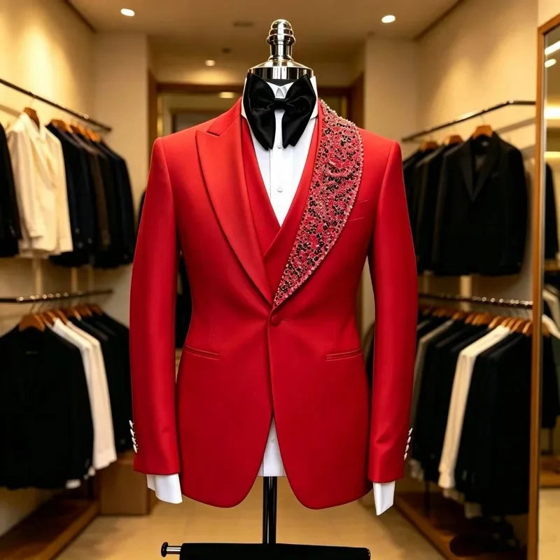 Beaded Wedding Suits for Men Prom Party 3Pcs Groom Tuxedo Custom Made Luxury Slim Fit Fashion Separates Jacket Vest Pants 2026