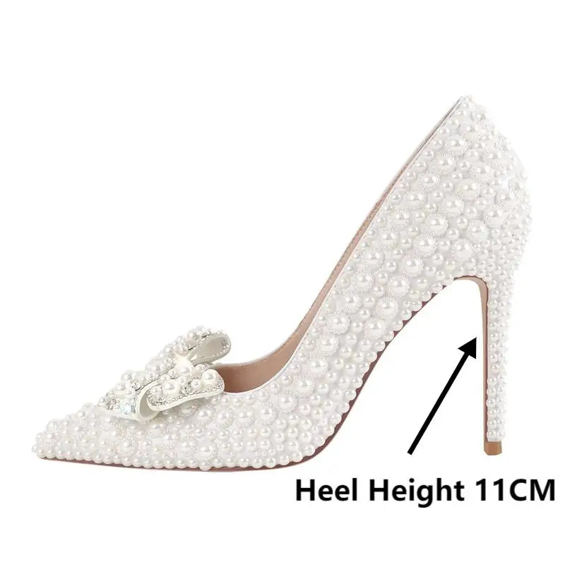 Onlymaker Women Pointed Toe White Bridal Pumps Slip-On Pearl Crystal 11CM Thin Heels Party Wedding Bride Stiletto Shoes