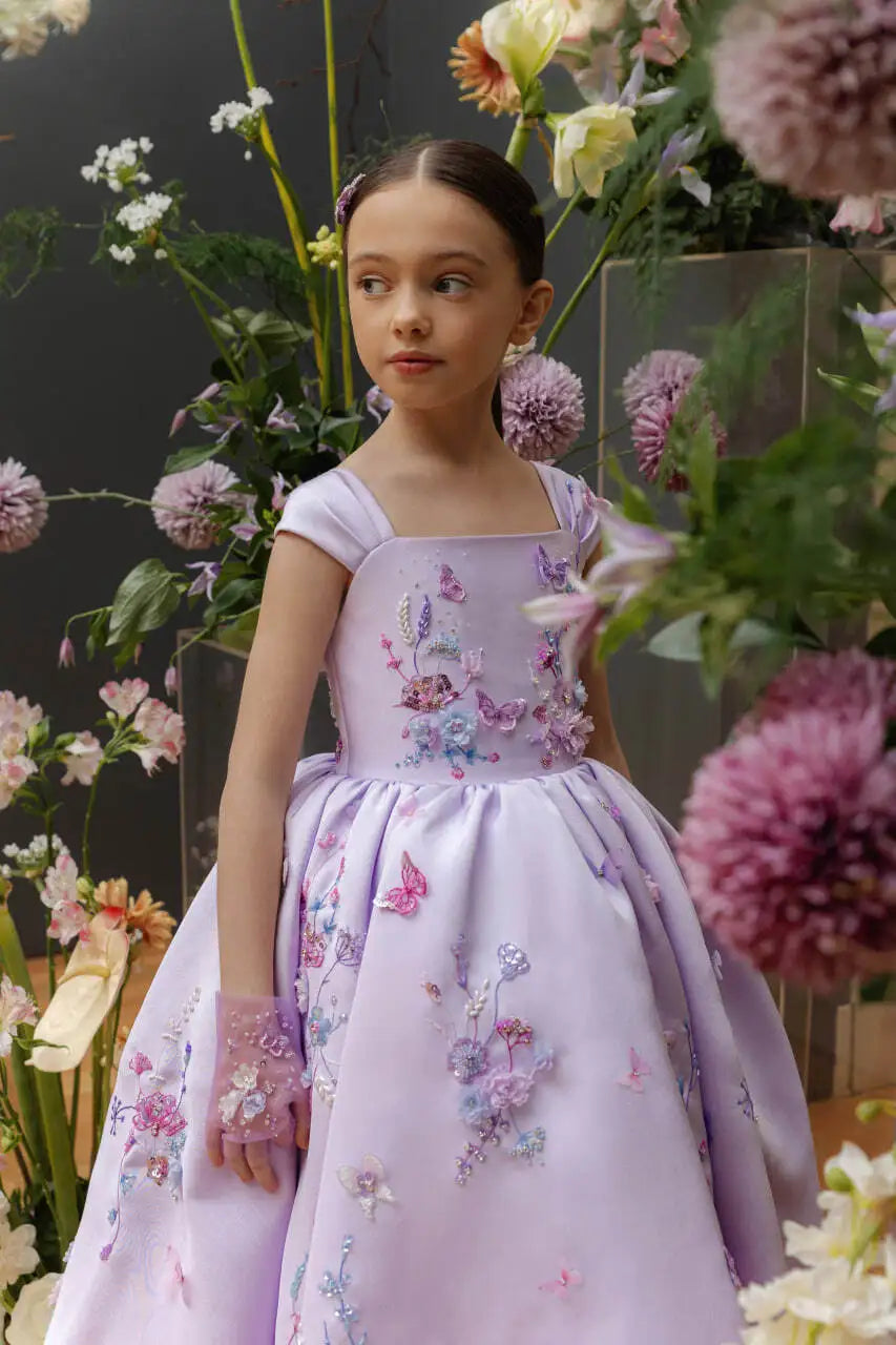 Floral Applique Tea Length Flower Girl Dress