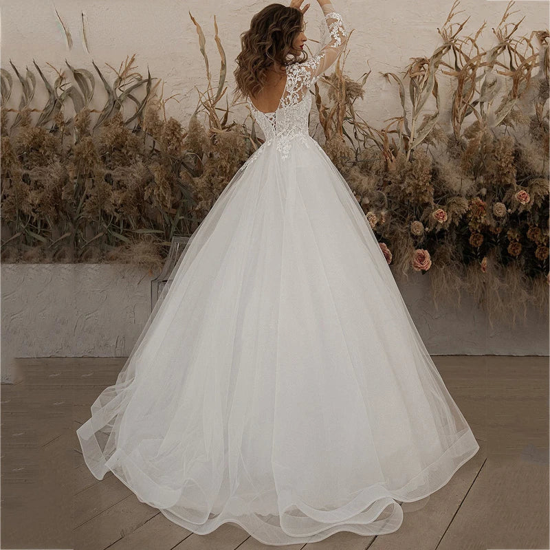 Exquisite Ivory Wedding Dresses Long Sleeve Appliques Lace 3D Flowers Modern Tulle Boho Bride Gown 2023 vestidos de novia Beach