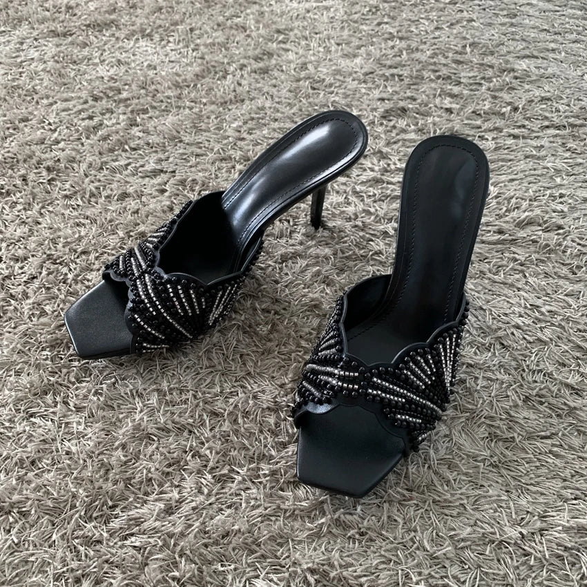 Elegant Summer High Heels Women Mules Sandals Open Toe Pearl Beaded Female Stilettos Slip on Party Wedding Dress Shoes Woman