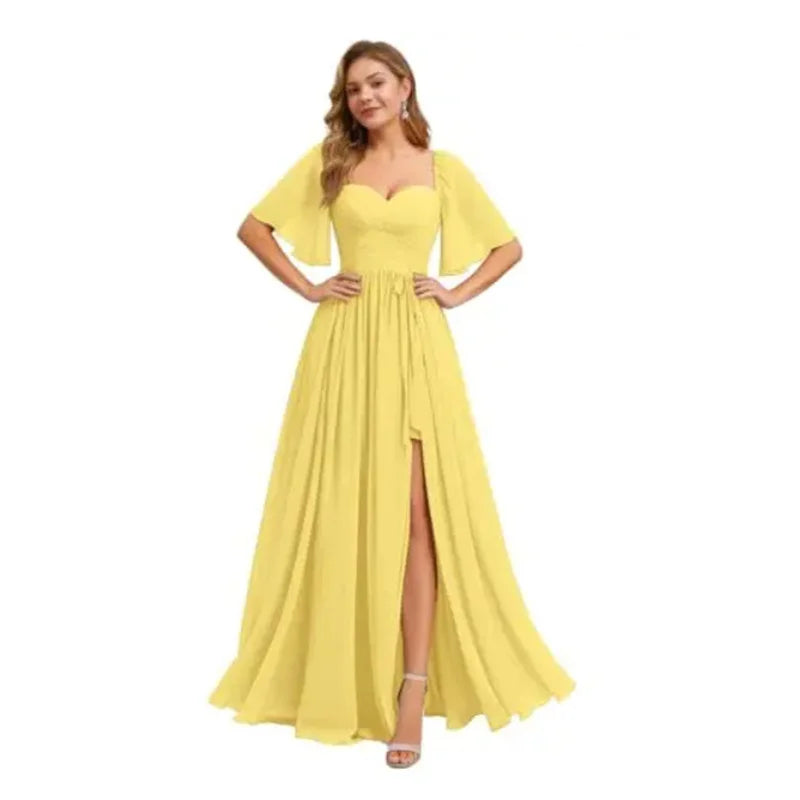 A Line Short Sleeve Chiffon Bridesmaid Dresses One Shouder Slit Pleat Elegant Wedding Party Formal Prom Evening Lace Up Back