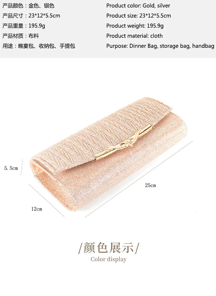 Sparkly Women's Silver Evening Shoulder Bag Gold Glitter Bridal Clutch Purse Party Prom Wedding Chain Envelope Handbag Ladies