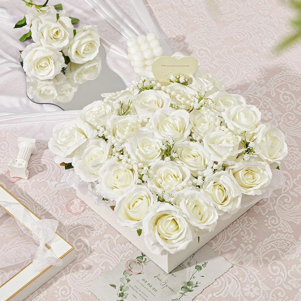 10pcs Artificial Flowers Silk Roses Long Branch Valentine's Day Bridal Bouquets Wedding Home Vase Table Decorations DIY Gift Box