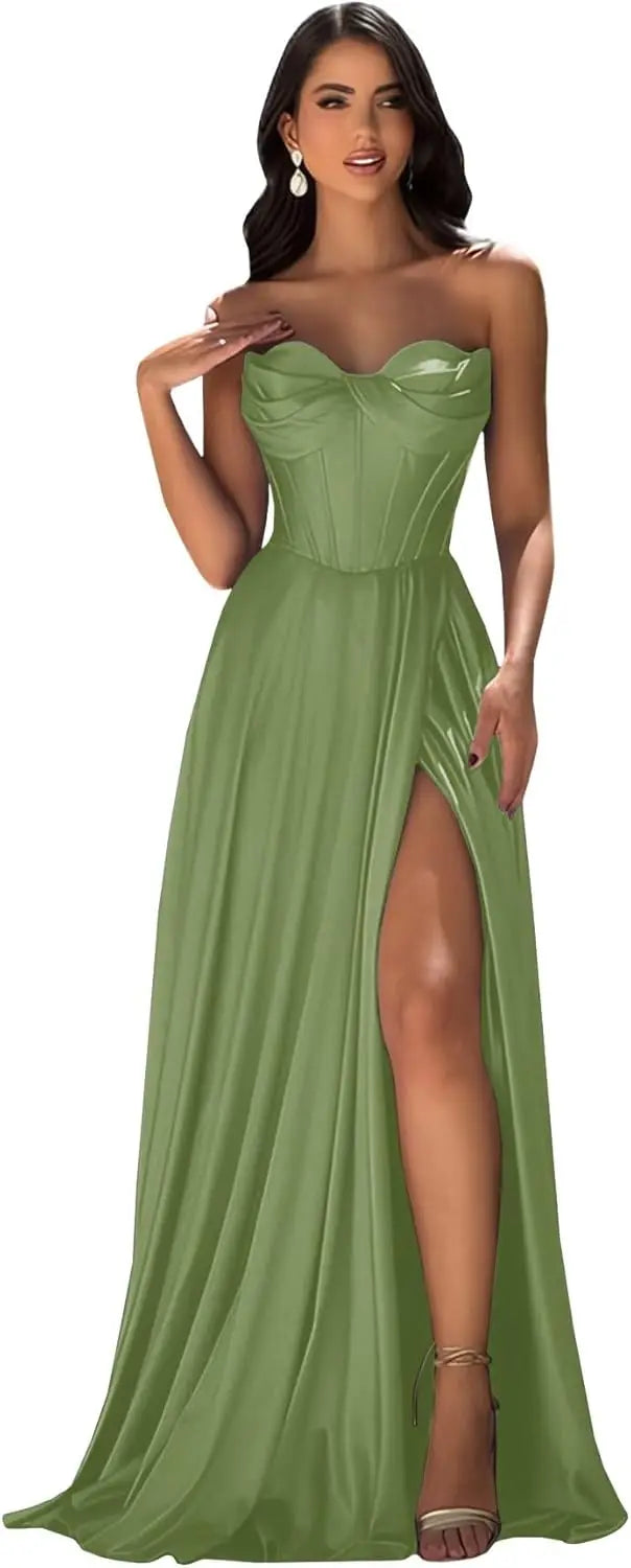 Chicbridal Women's Strapless Prom Dress Satin A-Line Long Ball Gown Sweetheart Corset Formal Dress with Pockets And Side Slit