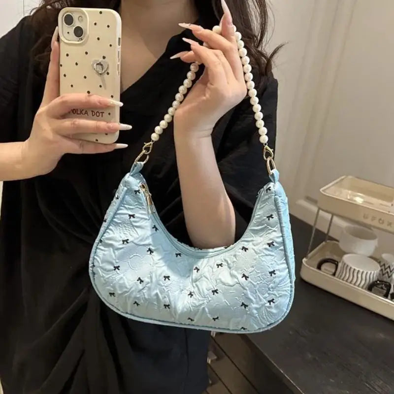 Trendy Wrinkled Bow Purse for Women Versatile Shoulder Bag Elegant Underarm Handbag for Daily Outings