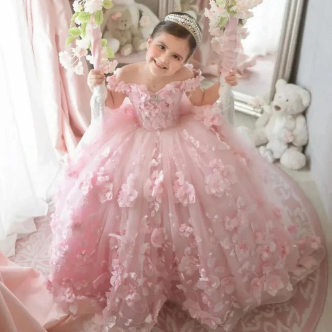 Off-Shoulder Pearl Tulle Flower Girl Dress