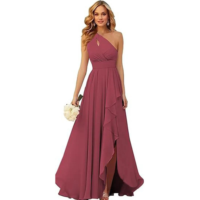 A Line Chiffon Bridesmaid Dresses One Shouder Slit Pleat Elegant Wedding Party Formal Prom Evening Lace Up Back