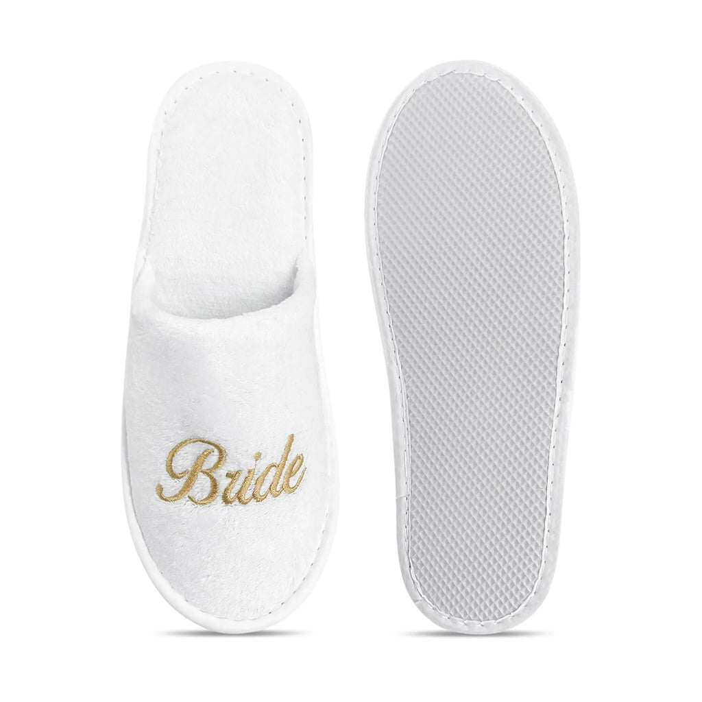 Bridal Party Slippers Set, Close-toe With Golden & Pink Embroidery, Lightweight Plush Cozy Flats, Non-slip Soft Sole For Bride