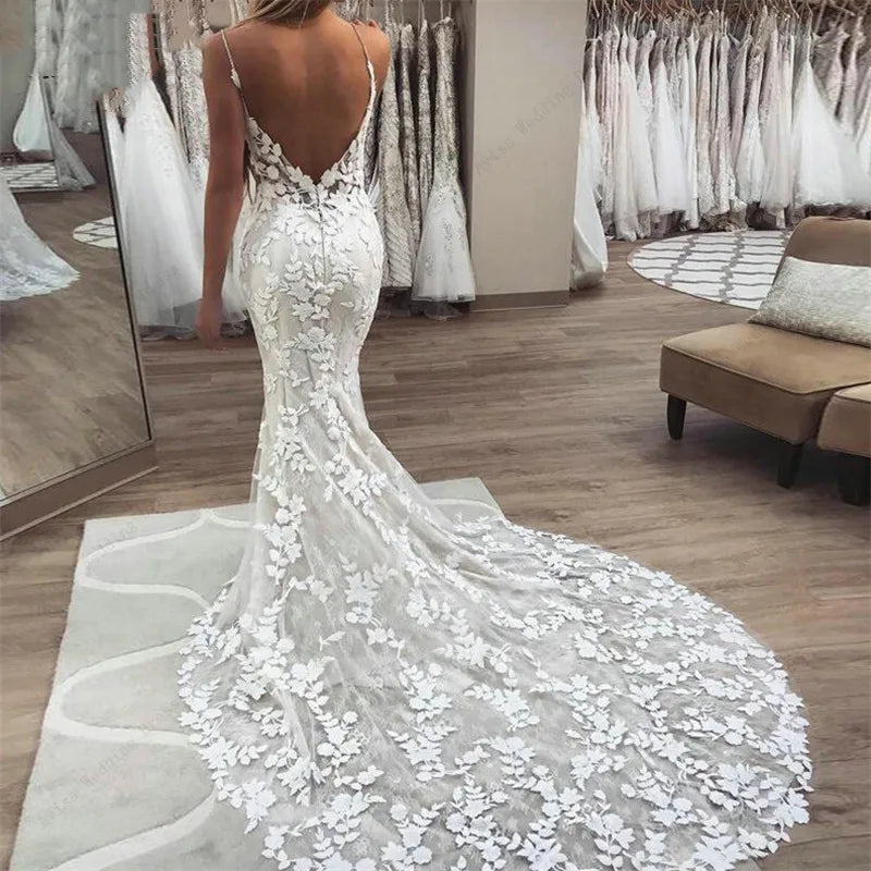 Boho Lace Backless Mermaid Wedding Dress