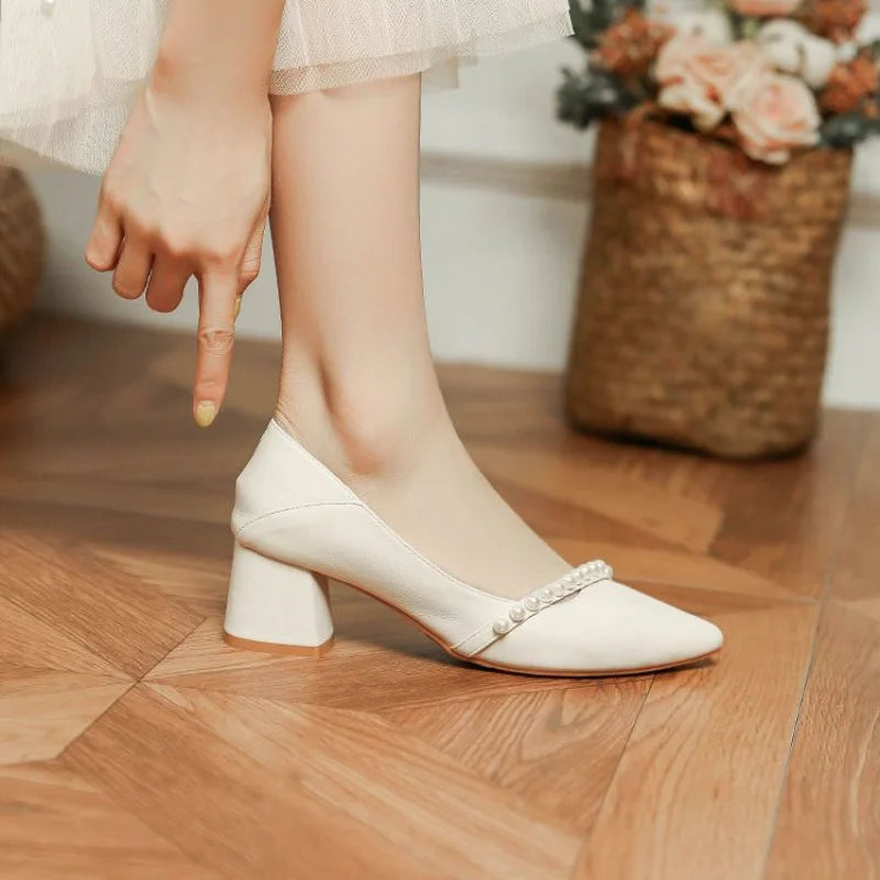 With Medium Heels Shoes for Women 2025 Wedding Bride Shoe White Ladies Summer Footwear Pearl Office Slip on Lastest Casual Trend