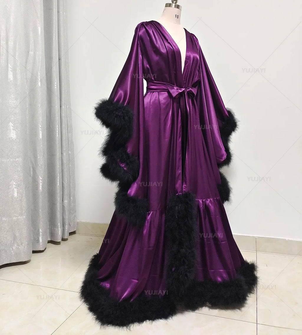 Customized Robe for Women Flare Sleeves Feather Bridal Robe Nightgown Silk Satin Wedding Party Dressing Gown Photography Dress