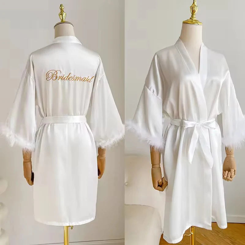 Feather Trim Satin Bridal Robe