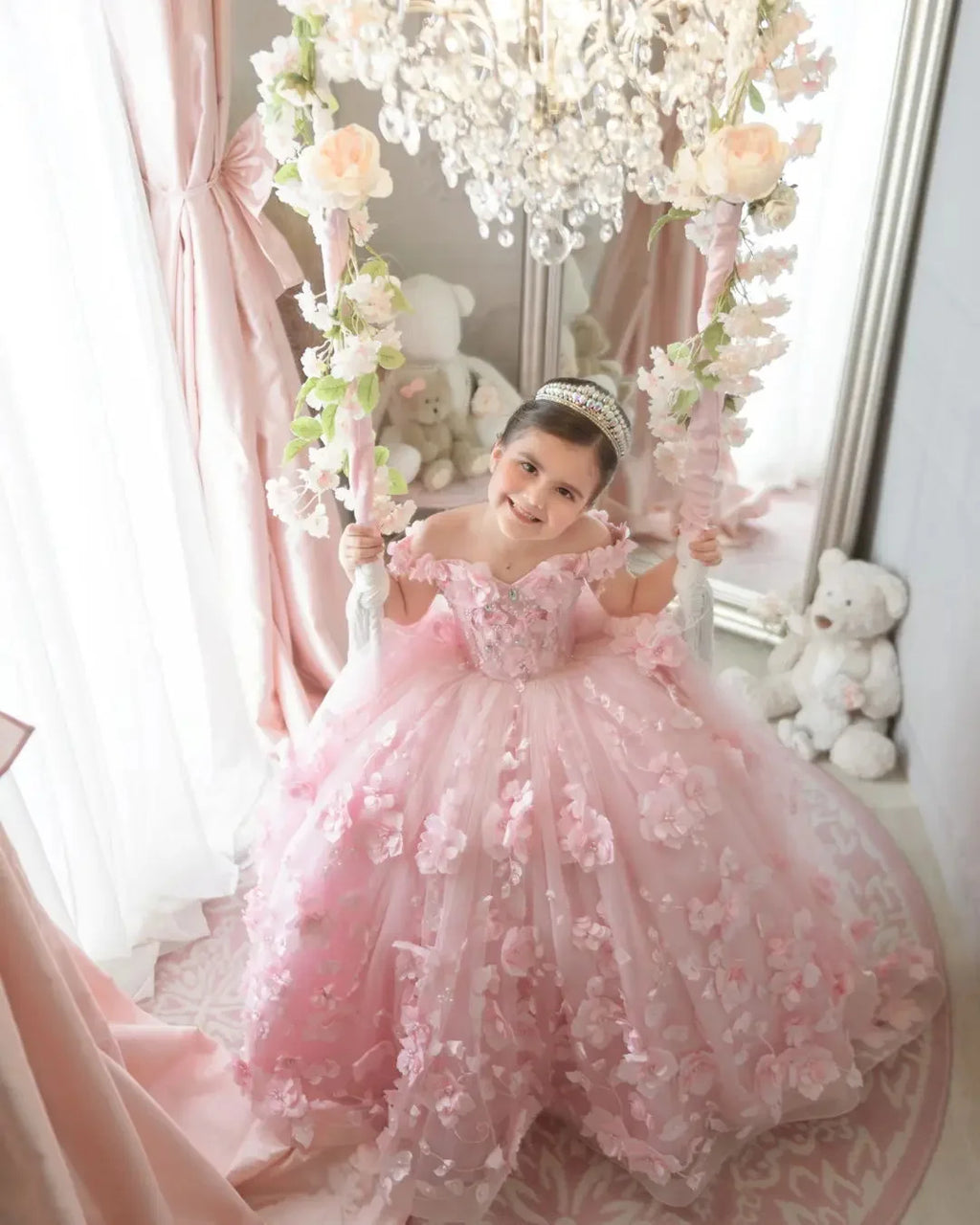 Off-Shoulder Pearl Tulle Flower Girl Dress
