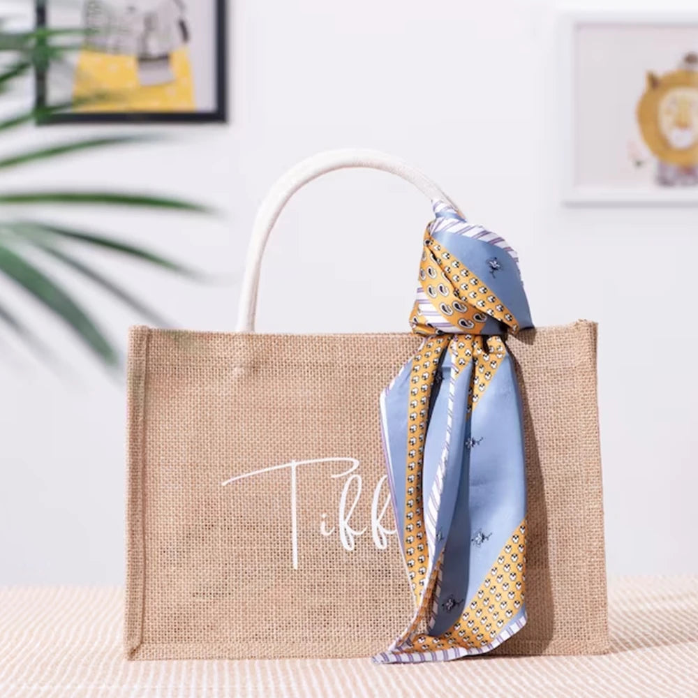 Personalized Bridesmaid Jute Tote Bags with Scarf Party Retro Beach Bag Bachelorette Gifts Girlfriend Gift for Her