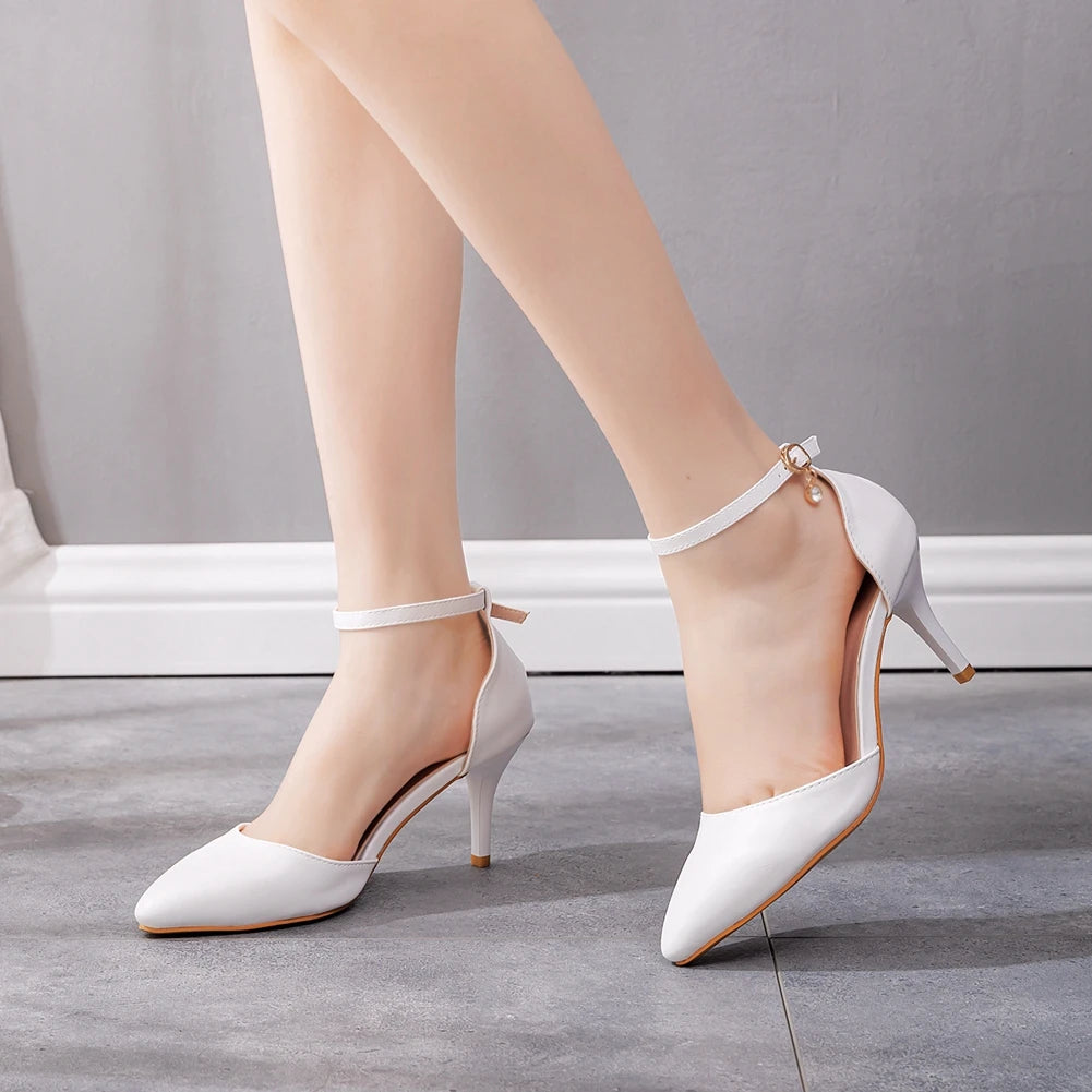 Crystal Queen Large Size Stiletto Pointed White High Heel Sandals Elegant Sweet Wedding Shoes Banquet