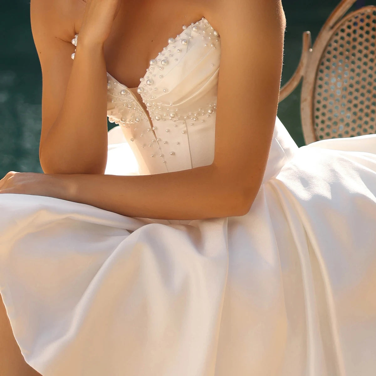 Beaded Strapless Puffy Mini Wedding Dress
