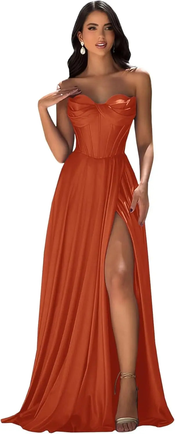 Chicbridal Women's Strapless Prom Dress Satin A-Line Long Ball Gown Sweetheart Corset Formal Dress with Pockets And Side Slit