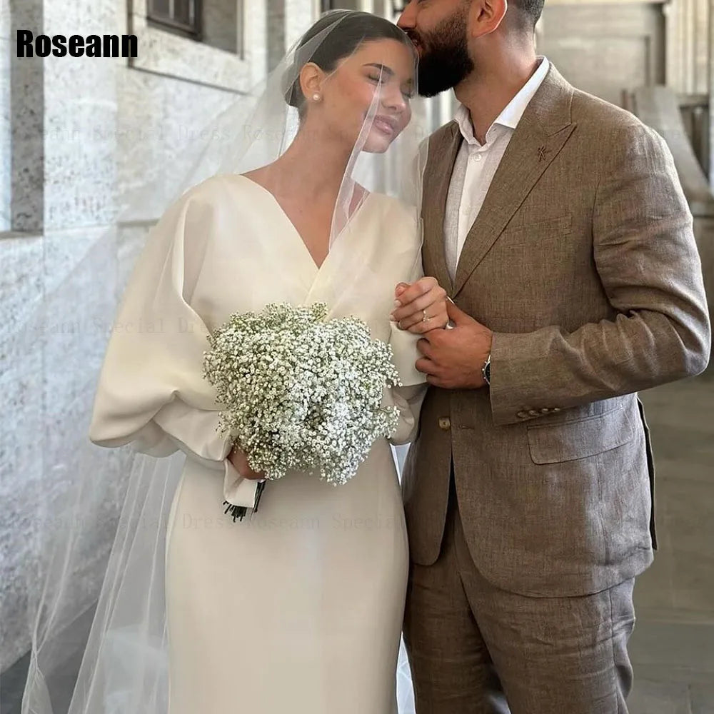 Customized Muslim Exquisite A-line Wedding Dresses V-Neck Draped Pleat Puff Sleeve Bride Dress Brush Train robe de mariée