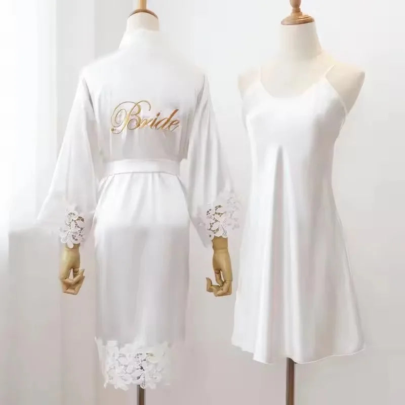 4 Pcs Bride Robe for Wedding Day Set Bridal Robe with Slippers Lace Trim Wedding Robe for Bridal Bachelorette Party