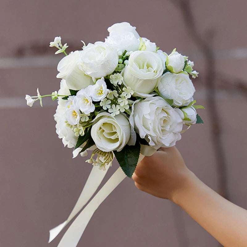 Yannew White Wedding Bouquets for Bride Bridesmaid Artificial Rose Peony Bridal Bouquet for Rustic Wedding Ceremony Decoration