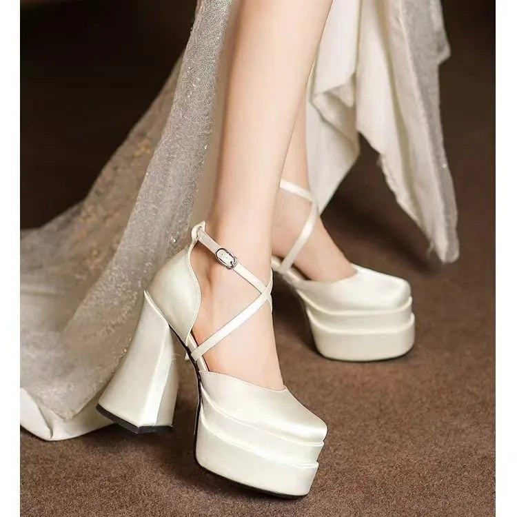 White Satin Wedding Shoes Platform Super High Heels New Small Block Heel Single Shoes