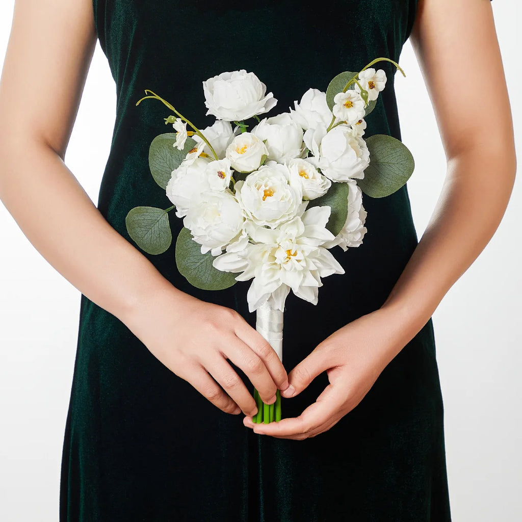 Yannew White Wedding Bouquets for Bride Bridesmaid Artificial Rose Peony Bridal Bouquet for Rustic Wedding Ceremony Decoration