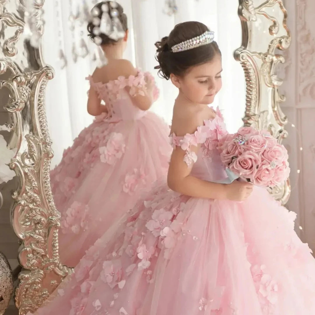 Off-Shoulder Pearl Tulle Flower Girl Dress