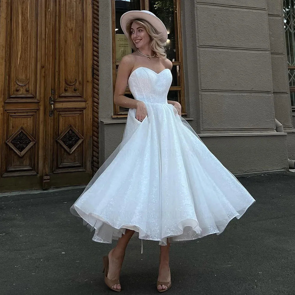 Glitter Tea Length Wedding Dress with Pockets