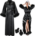 Long Satin Feather Trim Bridal Robe