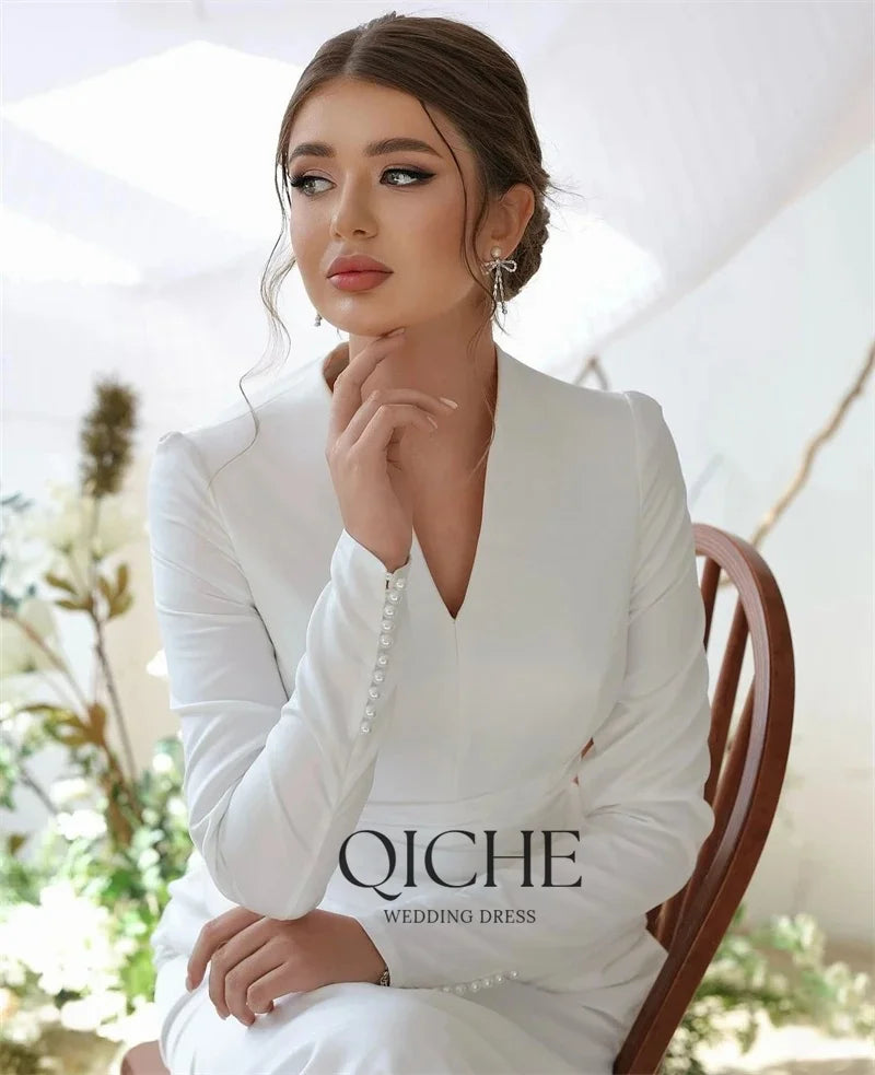 QICHE Modest Muslim Wedding Dresses Long Sleeve Luxury Floor Civil Bride Dresses Plus Customized 2026 Evening Prom Party Gowns