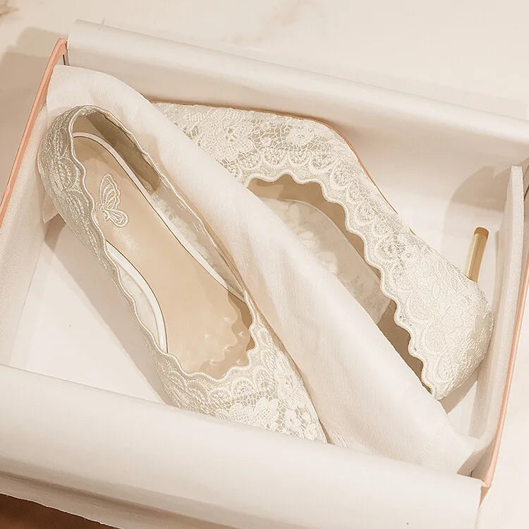 Embroidered Bridal Shoes Wedding Shoes Retro French Sandals 6.5cm High Heels Single Shoes Thin Heels Banquet Pointed Pumps 34-39