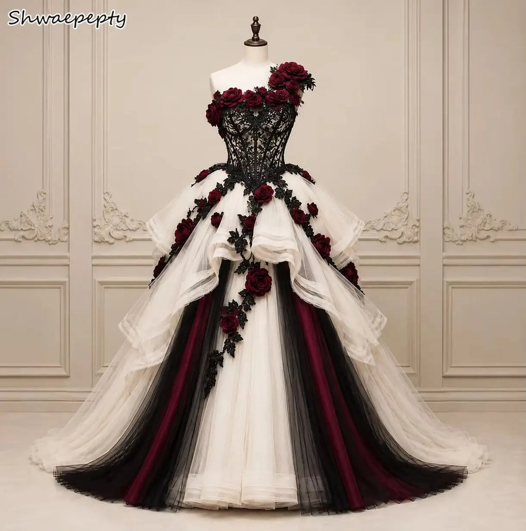 Gothic Black Burgundy Wedding Dress One Shoulder Ivory Tulle Ball Gown Lace Corset 3D Floral Medieval Bridal Dresses Customized