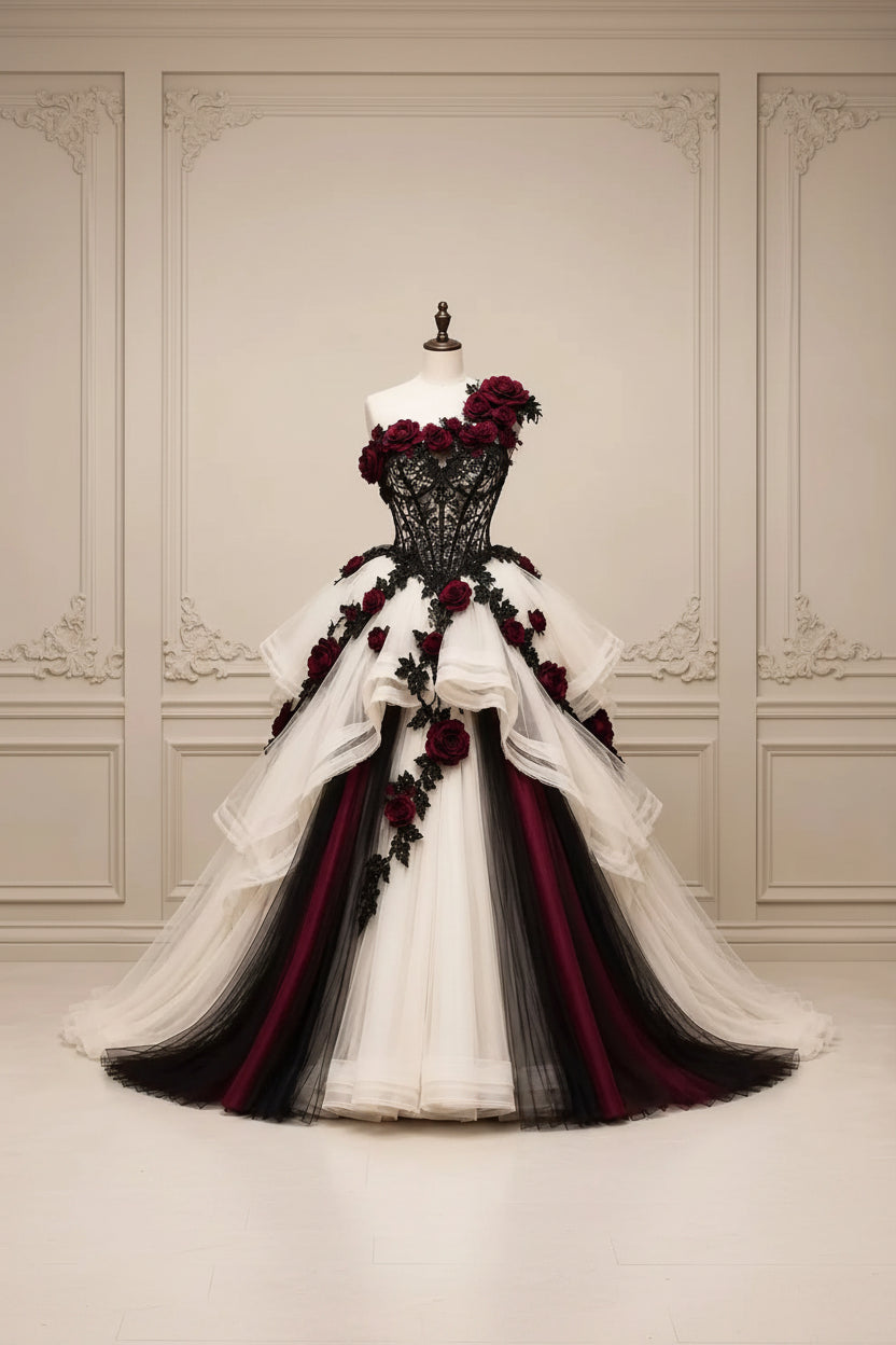 Gothic Black Burgundy Wedding Dress One Shoulder Ivory Tulle Ball Gown Lace Corset 3D Floral Medieval Bridal Dresses Customized