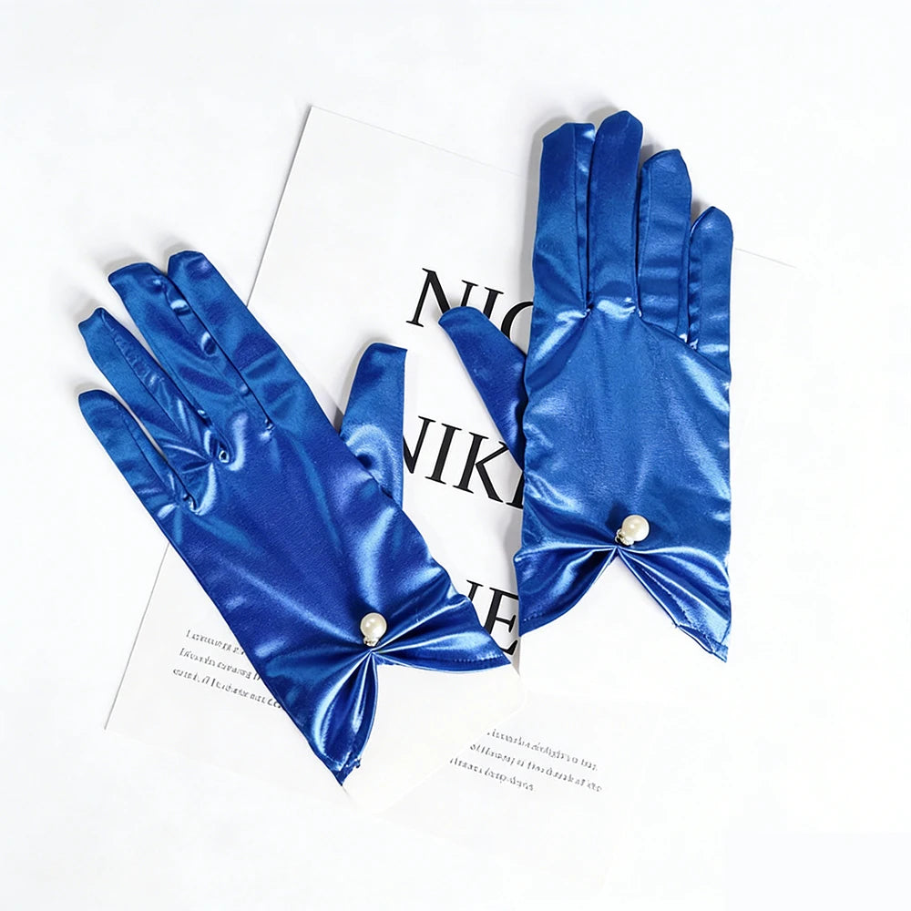 Short Satin Bridal Gloves with Pearls and Bows