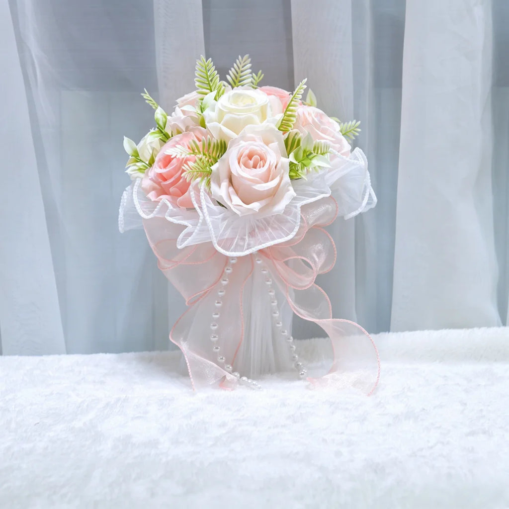 Pearl Rose Bridal Bouquet Artificial Silk Flower Hand Bouquet Pearl Lace Mesh Ball Ribbon Elegant Wedding Bridesmaid Bouquet