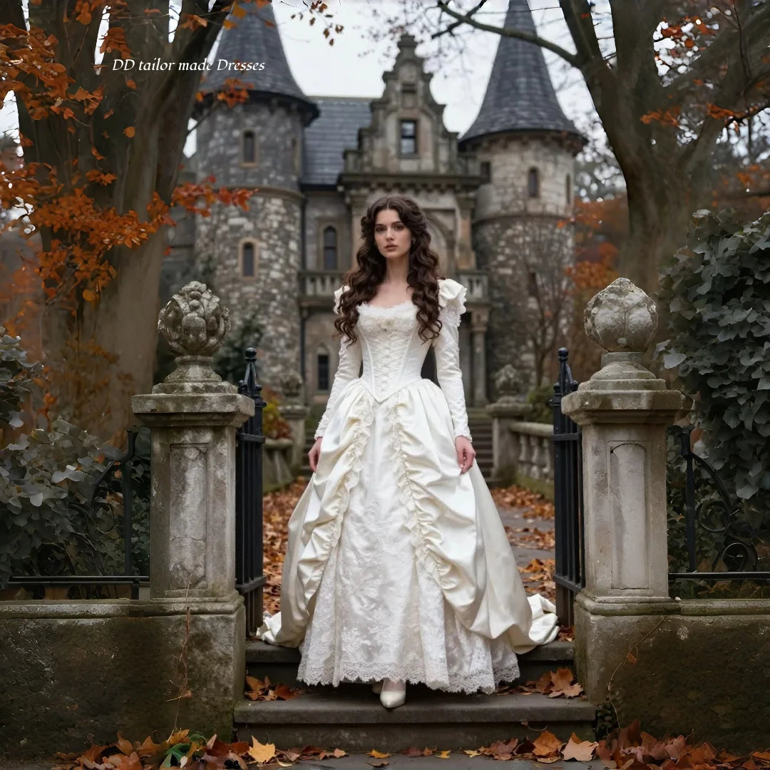 Historical Victorian Wedding Dress Long Sleeve Corset Bodice White Satin Lace Ruffled Long Vintage Bridal Gown Customized