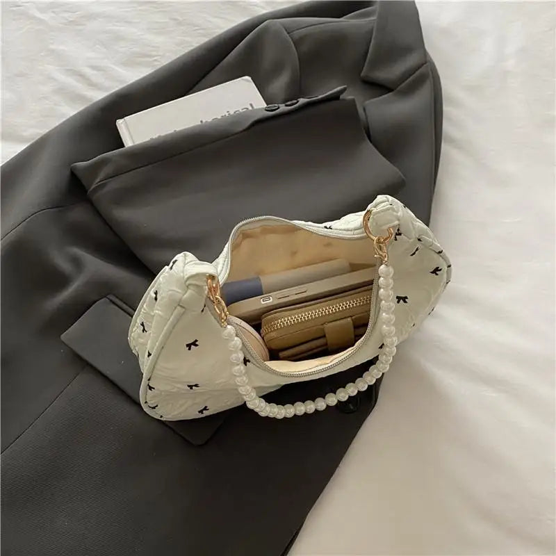 Trendy Wrinkled Bow Purse for Women Versatile Shoulder Bag Elegant Underarm Handbag for Daily Outings
