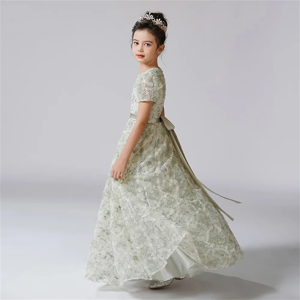 Rhinestone Floral Lace Puff-Sleeve Flower Girl Dress
