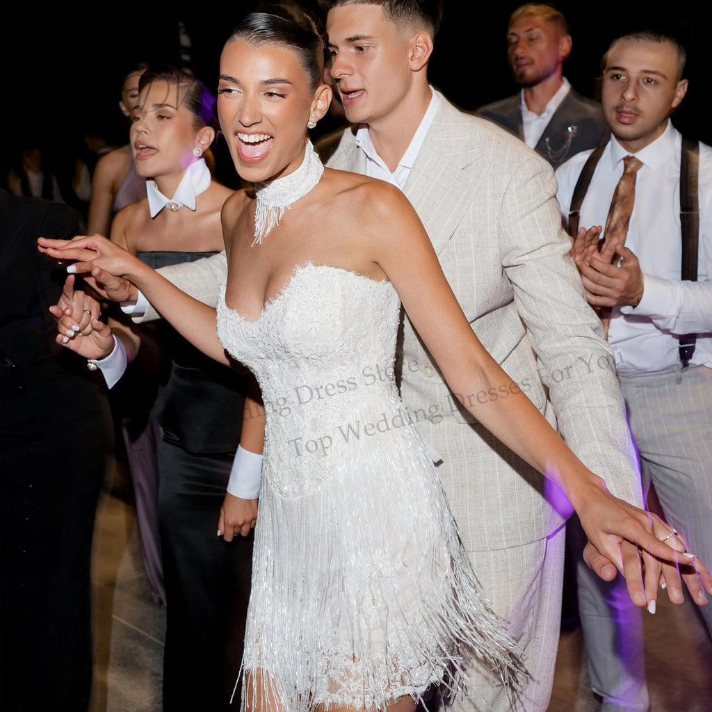 Fringe Mini Wedding Dress with Lace Corset