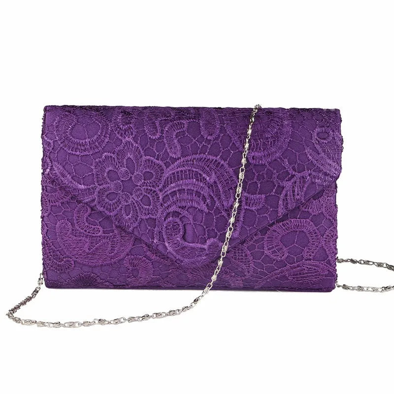 Ladies Silk Evening Bag Vintage Elegant Purple Lace Flower Bridal Clutches For Women Party Handbag Prom Chain Shoulder Bag Purse