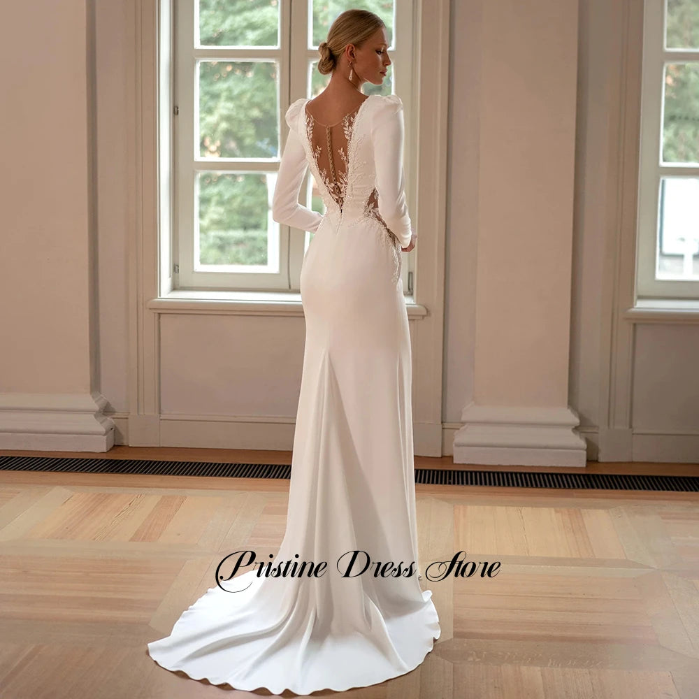 Long Sleeve Jersey Deep V Sheath Wedding Dress