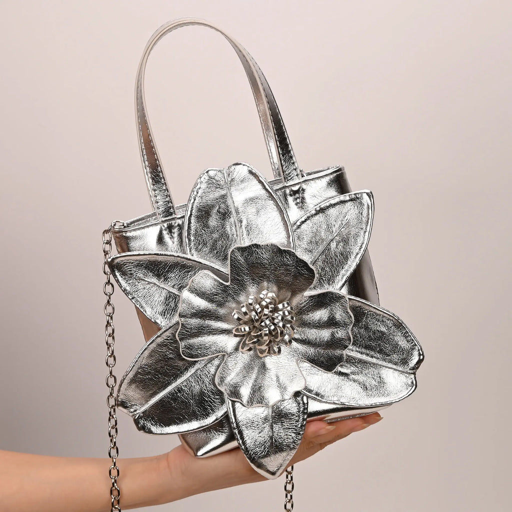 3D Floral Soft PU Leather Women Bucket Handbag Wedding Purse Dress Party Evening Bridal Clutch Bag