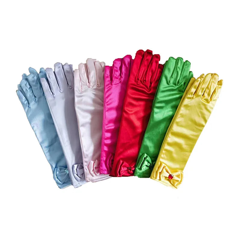 29cm Children Long Gloves Princess Dance Performance Stage Party Wedding Glove Satin Bow Full Finger Mittens Birthday Gifts G332