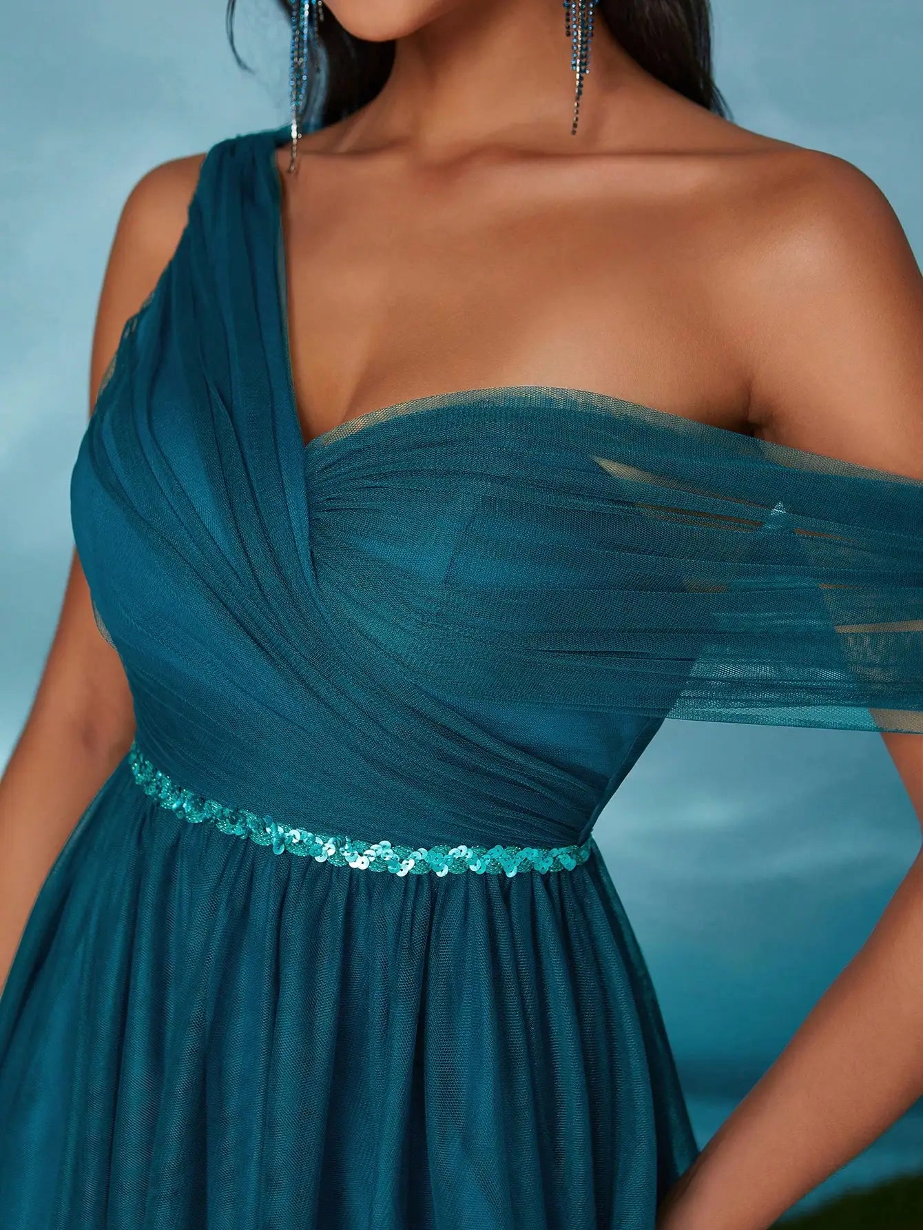 Royal Blue One Shoulder Sequin Sash Bridesmaid Dress
