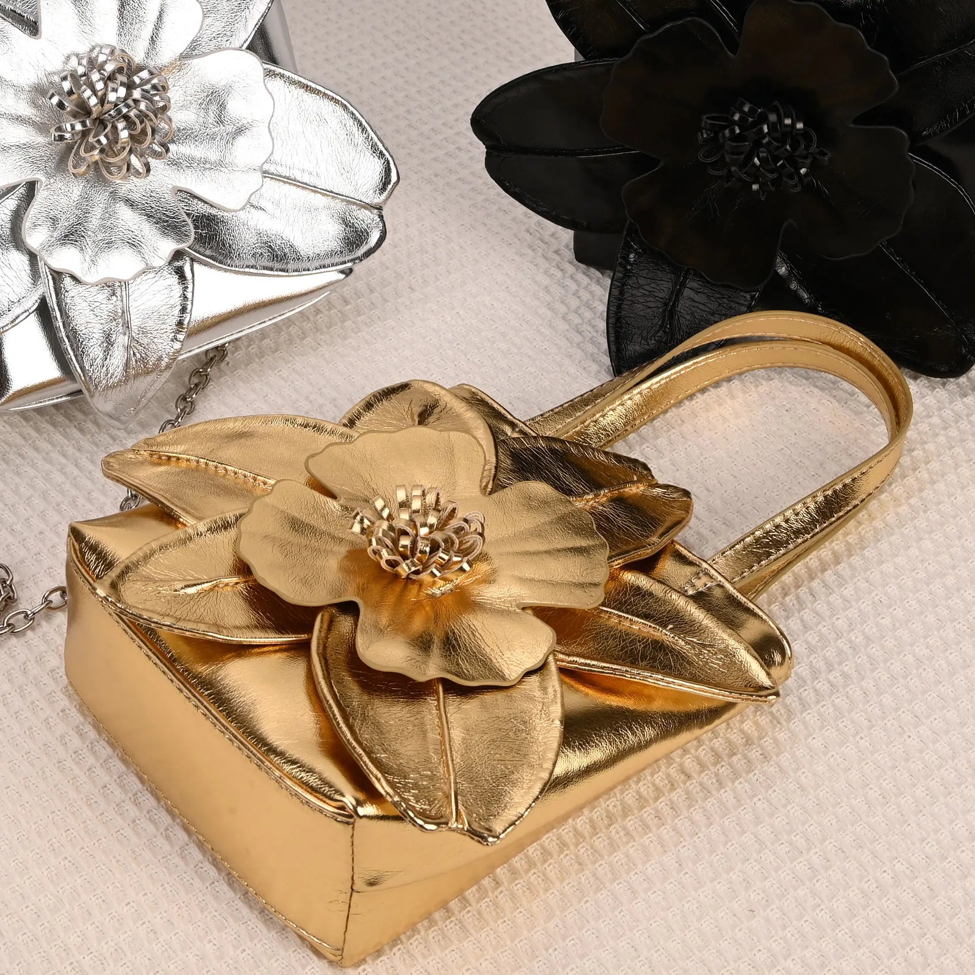 3D Floral Soft PU Leather Women Bucket Handbag Wedding Purse Dress Party Evening Bridal Clutch Bag