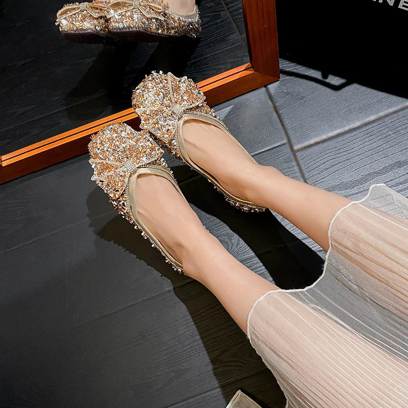 Women's Shoes Exquisite Bow Bling Casual Shoes for Woman Fashion Square Head Flat Shoe Luxury Designer Shoes Zapatos Mujer