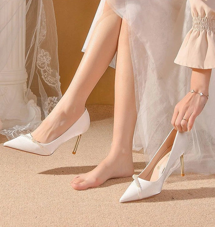 Women's Summer Footwear Bride Pumps Shoes for Woman 2025 Wedding Shoe on Heeled Pointed Toe Pearl Stilito High Heels Popular 39
